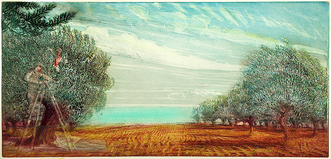 ‘OLIVE PICKERS with GREEN MEDITERRANEAN SEA, DECEMBER‘